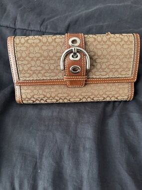 Coach Tan Signature Canvas Wallet with Buckle Detail